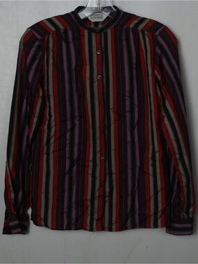 SPORTS GALORE Striped Button-Up Blouse in Red, Purple & Tan